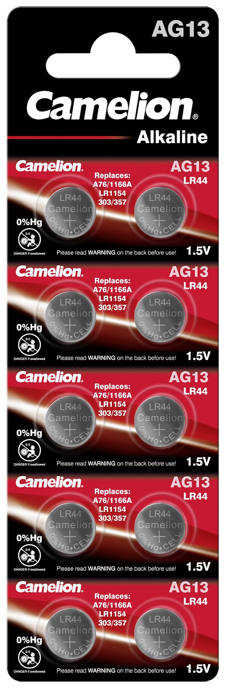 Alkaline button battery set 1.5V
- 10pcs AG13, LR44, LR1154, 357, A76 Alkaline Camelion
Packaging: blister 10 pcs.