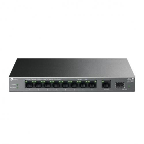 TP-LINK TP-LINK 5-PORT GIGABIT SWITCH LS108GP, interfata  9× 10/100/1000 Mbps RJ45 Ports (Ports 1–8 supports PoE+ output), 1× Gigabit SFP Port, porturi Standard: 802.3at/802.3af compliant,  PoE Ports: Ports 1–8, pana la 30 W PoE output per port, PoE Budget: 62 W, dimensiuni 8.2× 4.9×1.0 in (209×126×26 mm)