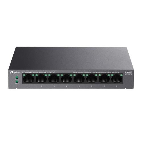TP-LINK TP-LINK 5-PORT GIGABIT SWITCH LS108GP, interfata  8× 10/100/1000Mbps RJ45 Ports (Ports 1–8 supports 802.3af/at PoE+), AUTO Negotiation, AUTO MDI/MDIX, porturi Standard: 802.3 af/at compliant,  PoE Ports: Ports 1–8, pana la 30 W PoE output per port, PoE Budget: 62 W, dimensiuni 6.2× 3.9×1.0 in