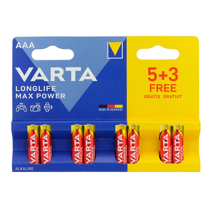 Micro alkaline battery (AAA, R03) 1.5V 4703 Varta Max Power
Packaging: blister 8 pcs.