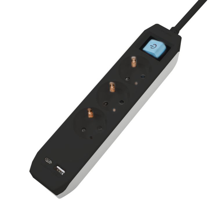 PRELUNGITOR SPACER, Schuko x 3, conectare prin Schuko (T),Type-C x1, USB x 1, 3.1A, cablu 3m, 16 A, max. 3500W, protectie copii, protectie supratensiune, Negru