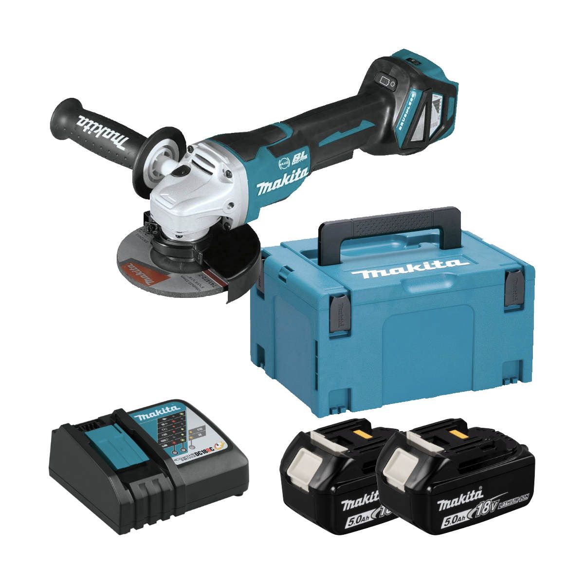 MAKITA. ANGLE GRINDER. 18V DGA517RTJ 125mm 2x5 0Ah REG. REV. BLDC PADDLE SWITCH