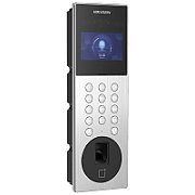 Videointerfon de exterior IP cu recunoastere faciala si amprenta digitala Hikvision DS-KD9203-MFE6, recunoaste pana la 5000 imagini faciale, 5000 amprente digitale, 50000 carduri,10000 utilizatori, deschidere faciala, amprenta si card, configurare remote via web, ecran 4.3-inch colorful LCD, camera