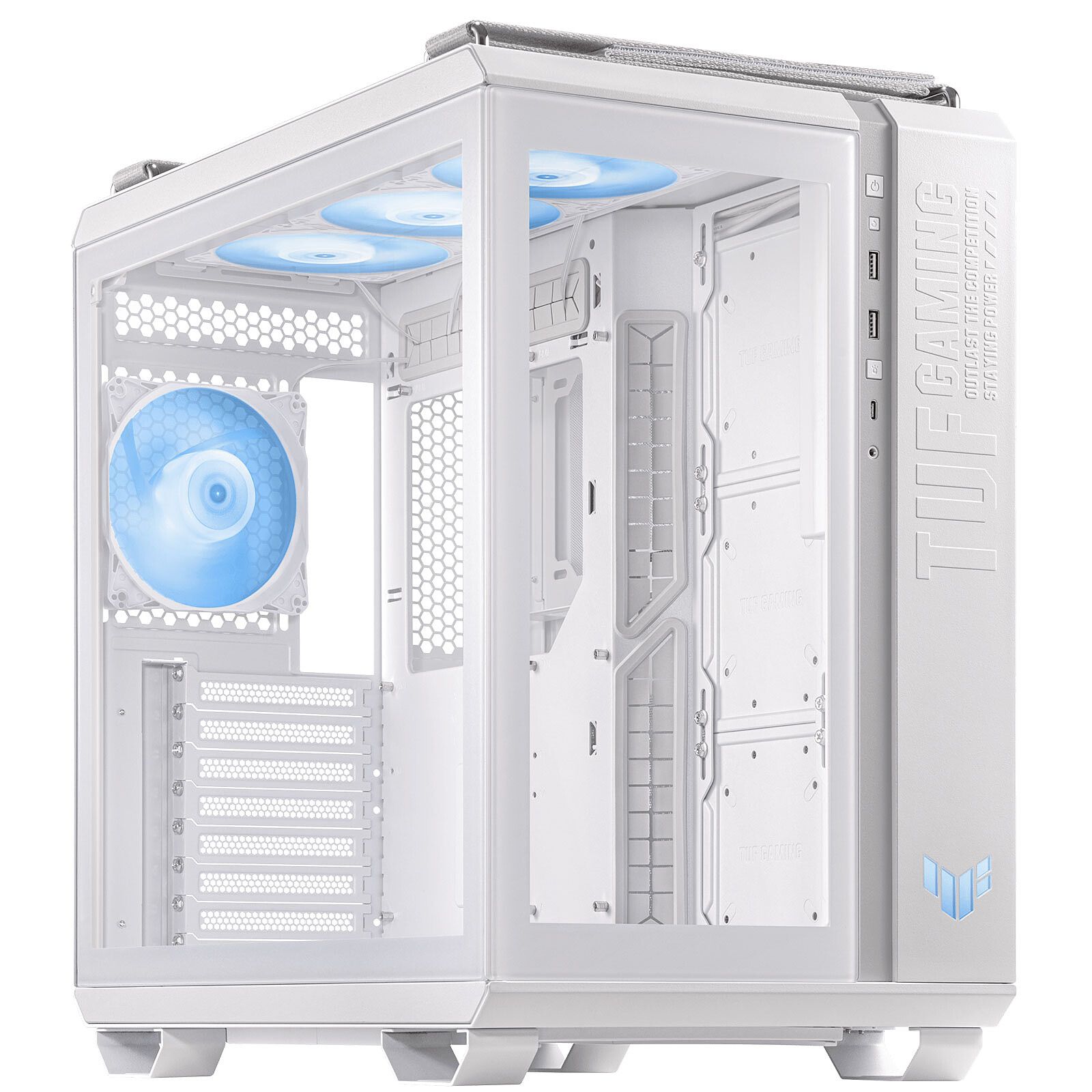 Carcasa ASUS GT 502 TUF GAMING Mid Tower ARGB ALB, Tempered Glass, Sloturi Expansiune 8+3 verticale, Drive Bays: 4x3.5 /2.5 , Ventilatoare Suportate: 4 (spate: 1x120mm, sus: 3x120mm sau 2x140mm), Ventilatoare Incluse: 4 (spate: 1x120mm, sus: 3x120mm), Format Placa De Baza Suportat: Mini-ITX