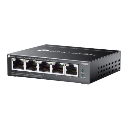 TP-LINK Omada 5-Port Gigabit Easy Managed Switch with 4-Port PoE+ PORT: 4× Gigabit PoE+ Ports, 1× Gigabit Non-PoE Ports SPEC: 802.3at/af, 65 W PoE Power, Desktop Steel Case and Fanless FEATURE: Integration with Omada SDN Controller, Flow Control, Loopback Detection, Port Isolation, Port Mirroring, LAG