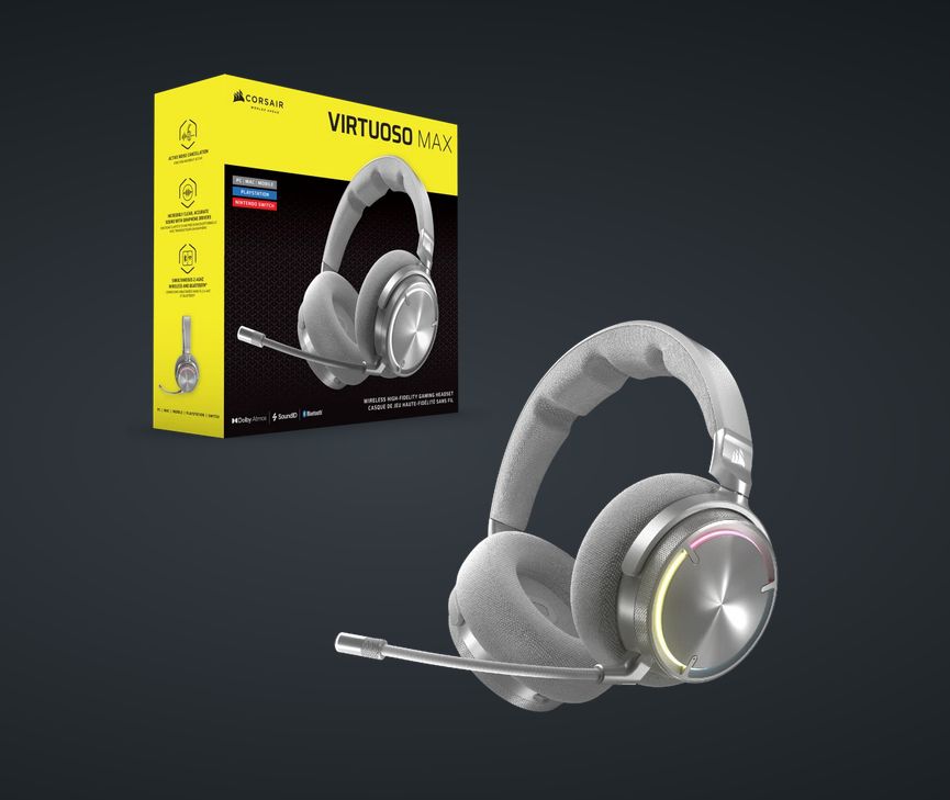 Casti Gaming CORSAIR VIRTUOSO MAX WIRELESS Silver, Bluetooth 5.3 Wi-Fi, Marime 50mm, Frecventa Raspuns 40KHz, Senzitivitate 118 dB, 32 Ohm, Active Noise Cancellation, Autonomie Baterie 60 ore