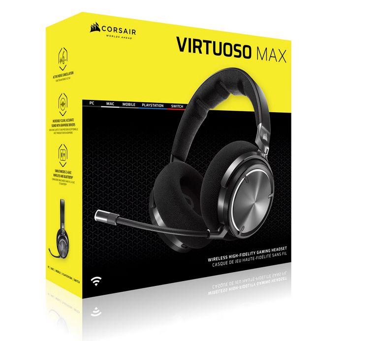 Casti Gaming CORSAIR VIRTUOSO MAX WIRELESS Carbon, Bluetooth 5.3 Wi-Fi, Marime 50mm, Frecventa Raspuns 40KHz, Senzitivitate 118 dB, 32 Ohm, Active Noise Cancellation, Autonomie Baterie 60 ore