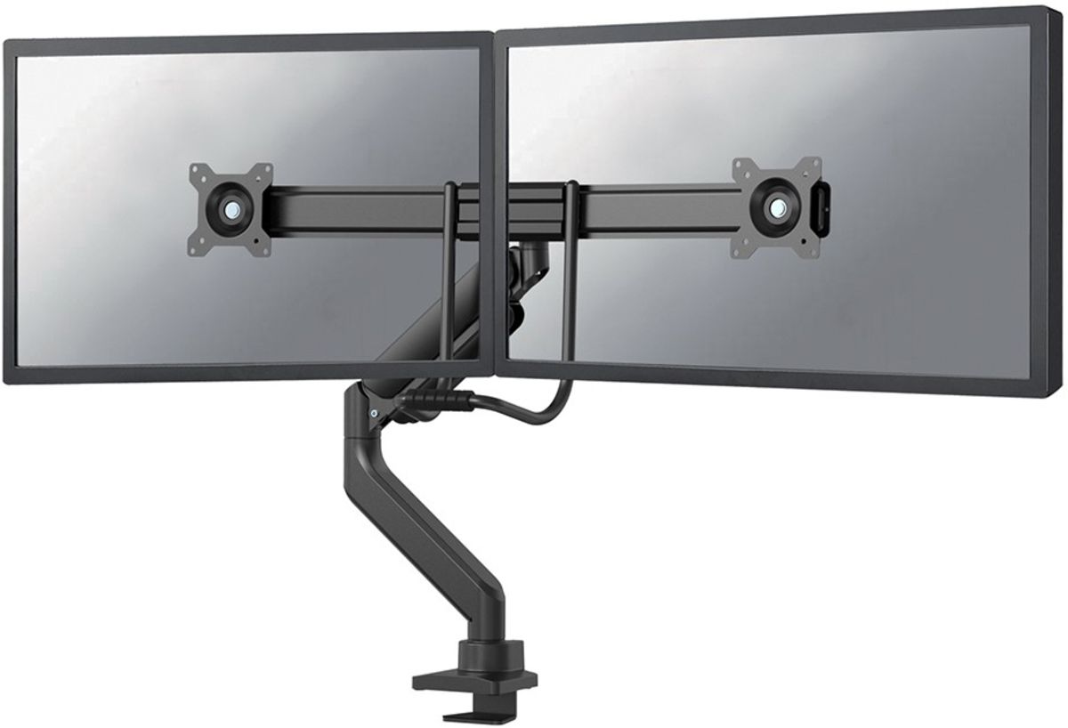 Brat dublu pentru monitor Neomounts, tip full motion, pentru display-uri cu diagonale 17 -32 , sistem de prindere VESA 75x75~100x100mm, greutate maxima suportata 8kg per ecran, tilt  +10°, -10°, swivel +90°, -90°, rotate +180°, -180°, reglabil pe inaltime 28cm, ajustarea latimii 54cm, ajustarea