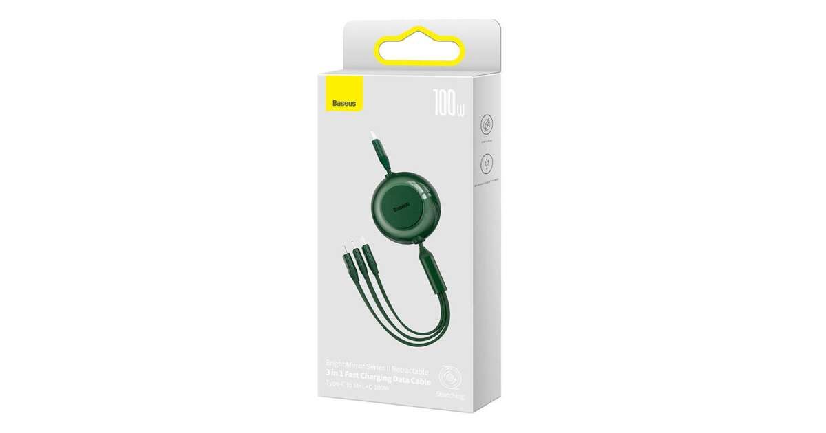 CABLU alimentare si date Baseus Bright Mirror 2 One-for-three Retractable, pt smartphone,USB la Micro-USB+Lightning + USB Type-C 100W, 1.1m, verde  CAMJ010206  (timbru verde 0.18 lei) - 6932172609160