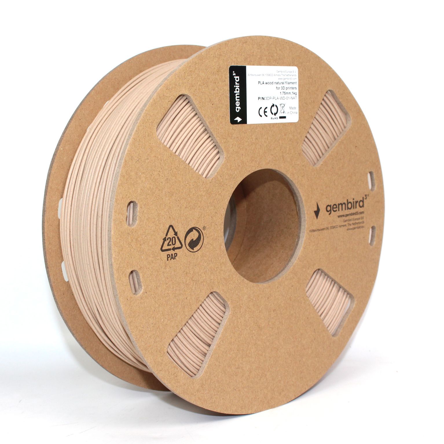 FILAMENT GEMBIRD pt. imprimanta 3d, PLA, 1.75mm diamentru, 1Kg / bobina, aprox. 355m, topire 190-220 grC, wood natural,  3DP-PLA-WD-01-NAT 