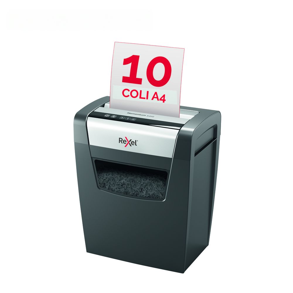 Distrugator documente manual REXEL MOMENTUM X410, P4, cross-cut (confeti), 10 coli, cos 23l, negru