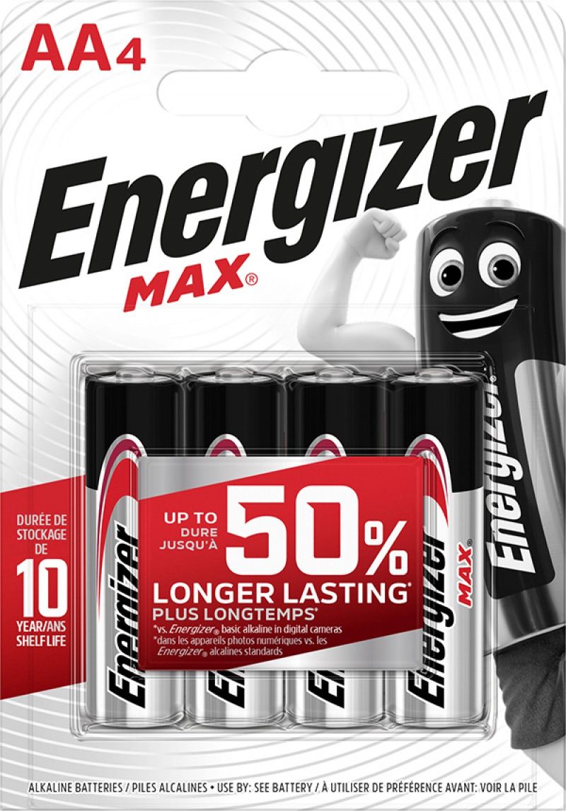 Baterii Max AA, LR6, 1.5V, 4 buc/set, Energizer, dureaza cu 50% mai mult decat cele alkaline