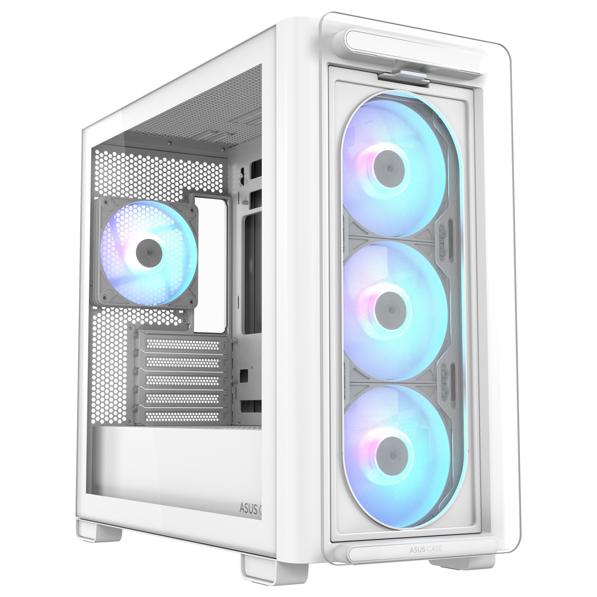 Carcasa ASUS A23 PLUS Mid Tower ARGB ALB, Tempered Glass, Sloturi Expansiune 5, Drive Bays: 2x3.5 /2.5  1x2.5 , Ventilatoare Suportate: 7 (spate: 1x120mm, fata: 3x120mm sau 2x140mm, sus: 3x120mm sau 2x140mm), Format Placa De Baza Suportat: Mini-ITX, Micro-ATX, Lungime Maxima Placa Video: 380mm
