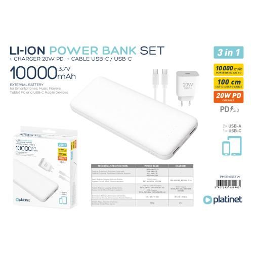 PLATINET POWER BANK SET 10000 MAH + 20W PD CHARGER + 1M CABLE WHITE [45998]