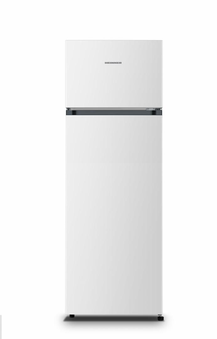 Frigider cu doua usi Heinner HF-HS243E++, clasa de eficienta energetica E, capacitate totala: 243L, capacitate frigider: 202L, capacitate congelator: 41L, control mecanic cu termostat ajustabil, lumina LED, rafturi din sticla, dimenisuni (WxDxH): 55 x 55.7 x 161.3 cm, alb