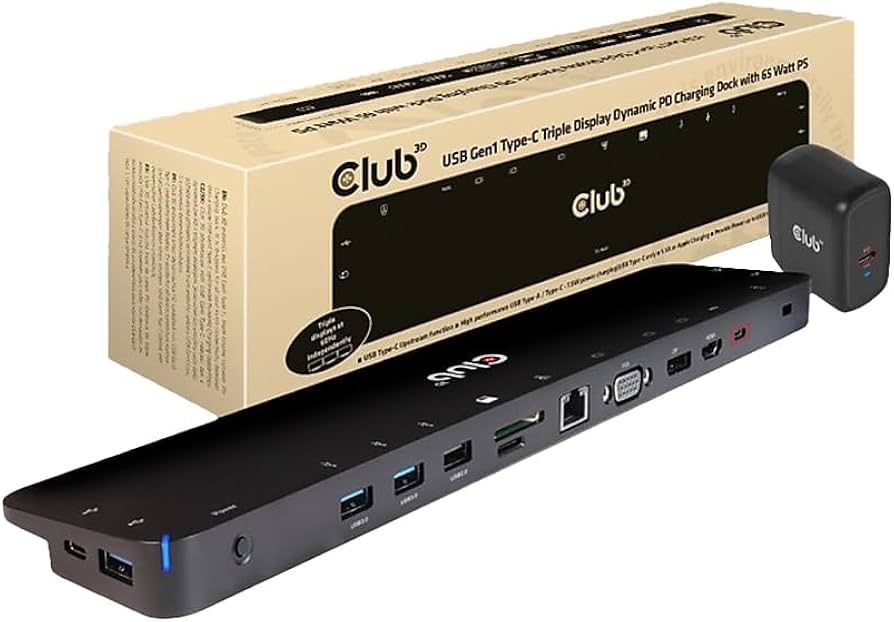CLUB3D UNIVERSAL USB Gen1 Type-C Triple Display Dynamic PD Charging Dock with 65 Watt PS ( VGA  HDMI  DP  ETHERNET)