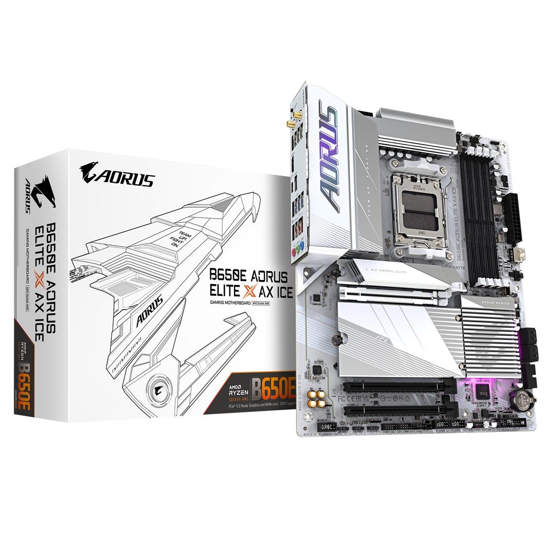 GIGABYTE B650E AORUS ELITE X AX ICE Motherboard - AMD Ryzen 9000 Series CPUs  12+2+2 Phases VRM  up to 8000MHz DDR5 (OC)  1xPCIe 5.0 + 2xPCIe 4.0 M.2  2.5GbE LAN  WIFI 6E  USB 3.2 Gen 2