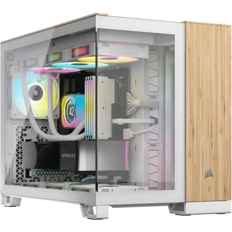 Carcasa CORSAIR 2500X Micro ATX Dual Chamber White/Bamboo Wood, Tempered Glass, mATX, Cooling Layout: Top: 3x120mm sau 2x140mm, Side: 2x120mm, Bottom: 3x120mm sau 2x140mm, Rear: 1x120mm, Expansion Slots 4, 2x2.5 SSD 2x3.5 HDD, no psu included