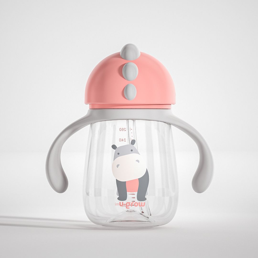 Pachet 3 in 1 cana 260 ml tritan cu 3 accesorii diferite pentru baut : tetina biberon, cioc , pai, dark pink, U-Grow