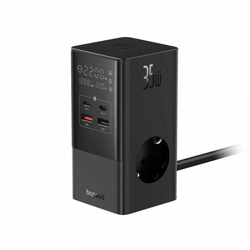 INCARCATOR RETEA Baseus PowerCombo Tower Digital Powerstrip, Quick Charge 35W, 3 x AC, 2 x USB Type-C Output 5V/3A, 2 x USB, lungime cablu 1.5m, negru  E00023606113-00  (timbru verde 0.18 lei) - 6932172631918