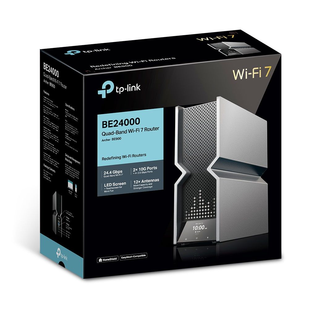 TP-LINK BE24000 Quad Band Wi-Fi 7 Router SPEED: 1376 Mbps at 2.4 GHz + 5760 Mbps at 5 GHz_1+ 5760 Mbps at 5 GHz_2 + 11520 Mbps at 6 GHz SPEC: 12× Internal Antennas,2.6GHz Quad-Core CPU, 1*10Gbps SFP+/RJ45 Combo WAN/LAN port +1*10 Gbps RJ45 WAN/LAN port +4*2.5 Gbps LAN ports+1* 1 Gbps LAN Port, 1*USB 3.0