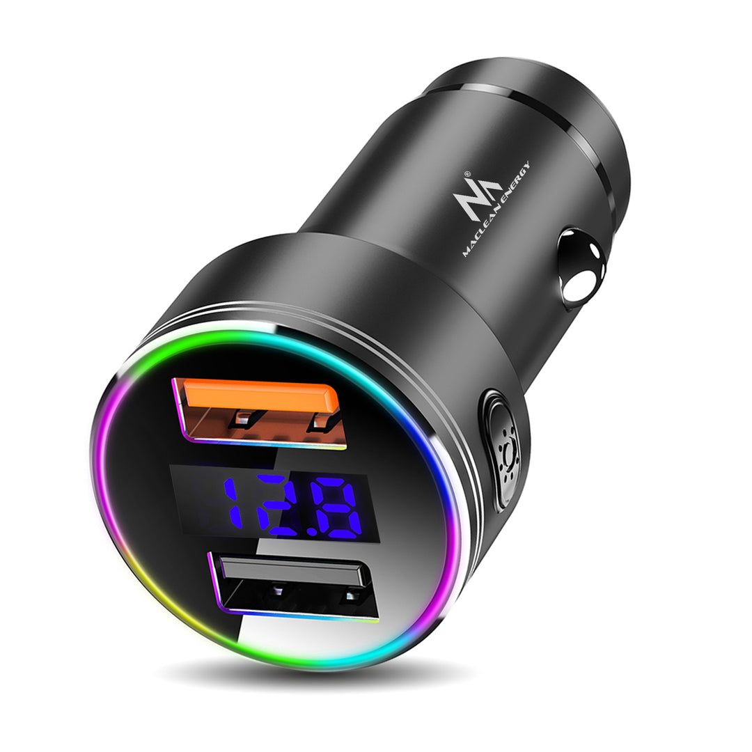 Maclean MCE375 Dual Car Charger with Display Cigarette Lighter Socket Aluminum Voltmeter USB 1x QC 3.0  USB 1x 5V/2.4A  RGB LED