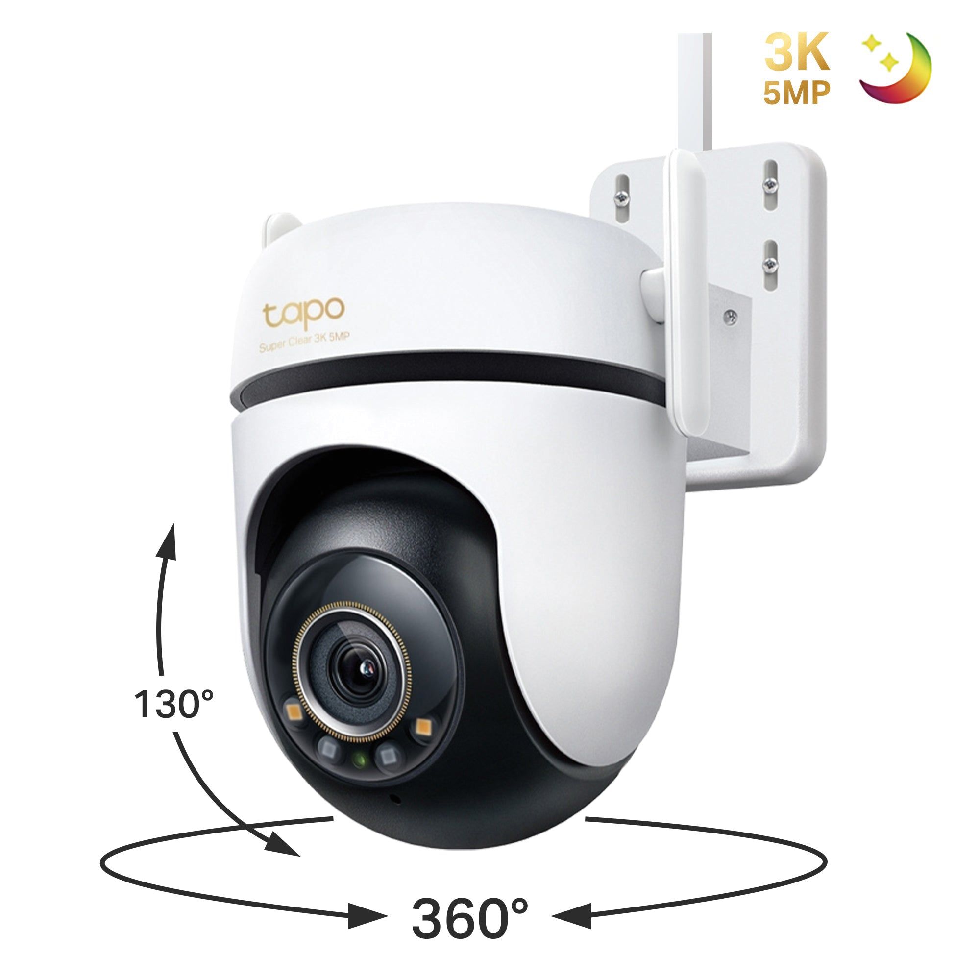 Outdoor Pan/Tilt Security Wi-Fi Camera SPEC: 3K 5MP (2880x1620), 2.4 GHz, 2 × External Antennas, 1 × Ethernet Port, Horizontal 360º FEATURE: Pan/Tilt, Starlight Color Night Vision, Smart AI Detection and Notifications (motion, people, pets, cars), Sound and Light Alarm, Remote Control, Two-Way