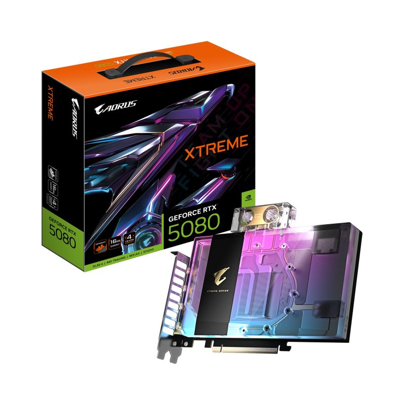 GIGABYTE Video Card NVIDIA GeForce RTX 5080 AORUS XTREME WATERFORCE WB 16G (16GB GDDR7/256bit, PCI-E 5.0, 3xDP, 1xHDMI, Recommended PSU 850W) ATX