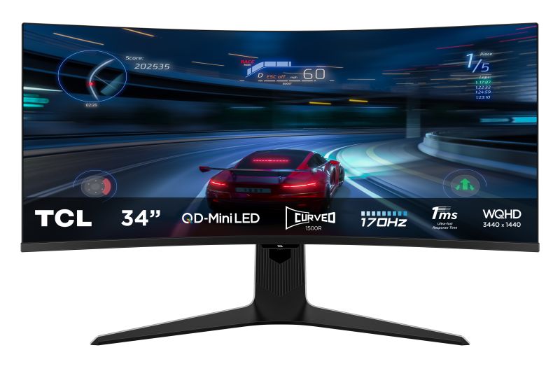 Monitor TCL 34  34R83Q, Curvature: 1500R, Diagonal (inch): 34, Diagonal (cm): 86, Aspect ratio: 21:9, Panel: QD-Mini LED, Resolution: 3440x1440, Refresh Rate: 170Hz, Response time GtG: 1ms, Brightness (max): 1600 cd/m², Contrast (static) : 4000:1, Viewing angle: 178/178, Color Gamut Type: DCI-P3