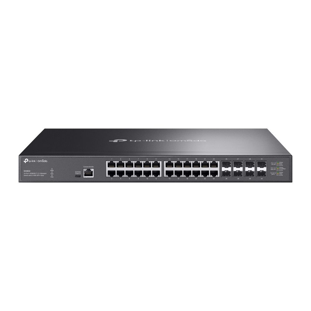 Omada 24-Port 10GBASE-T L2+ Managed Switch with 8 10GE SFP+ Slots PORT: 24× 10G RJ45 Ports, 8× 10G SFP+ Slots, RJ45/USB Type C Console Port SPEC: 1U 19-inch Rack-mountable Steel Case FEATURE: Integration with Omada SDN Controller, Static Routing, DHCP Server, OAM, DDM, 802.1Q VLAN, QinQ