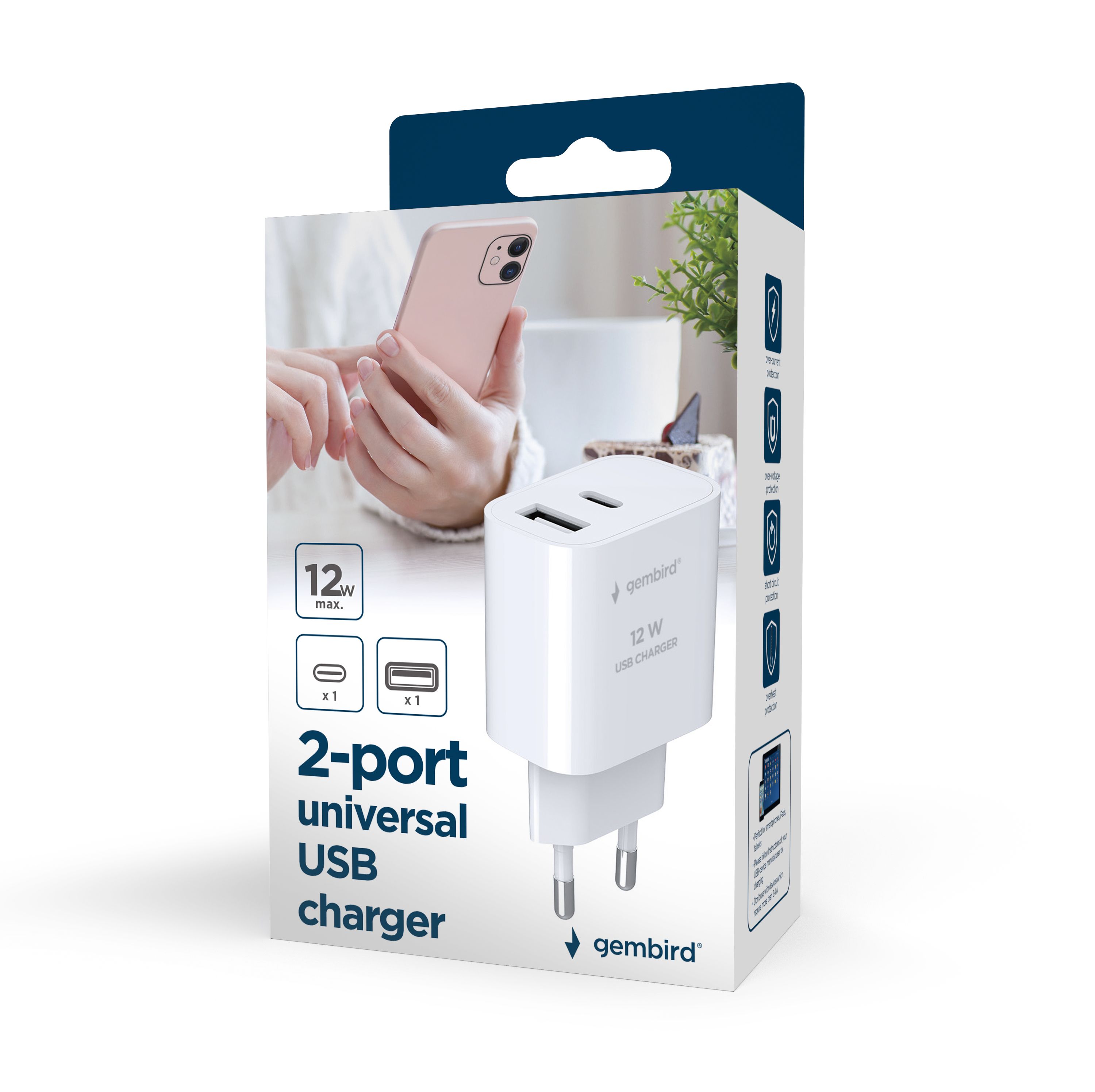 GEMBIRD 2-port universal USB charger A+C 2.4 A white