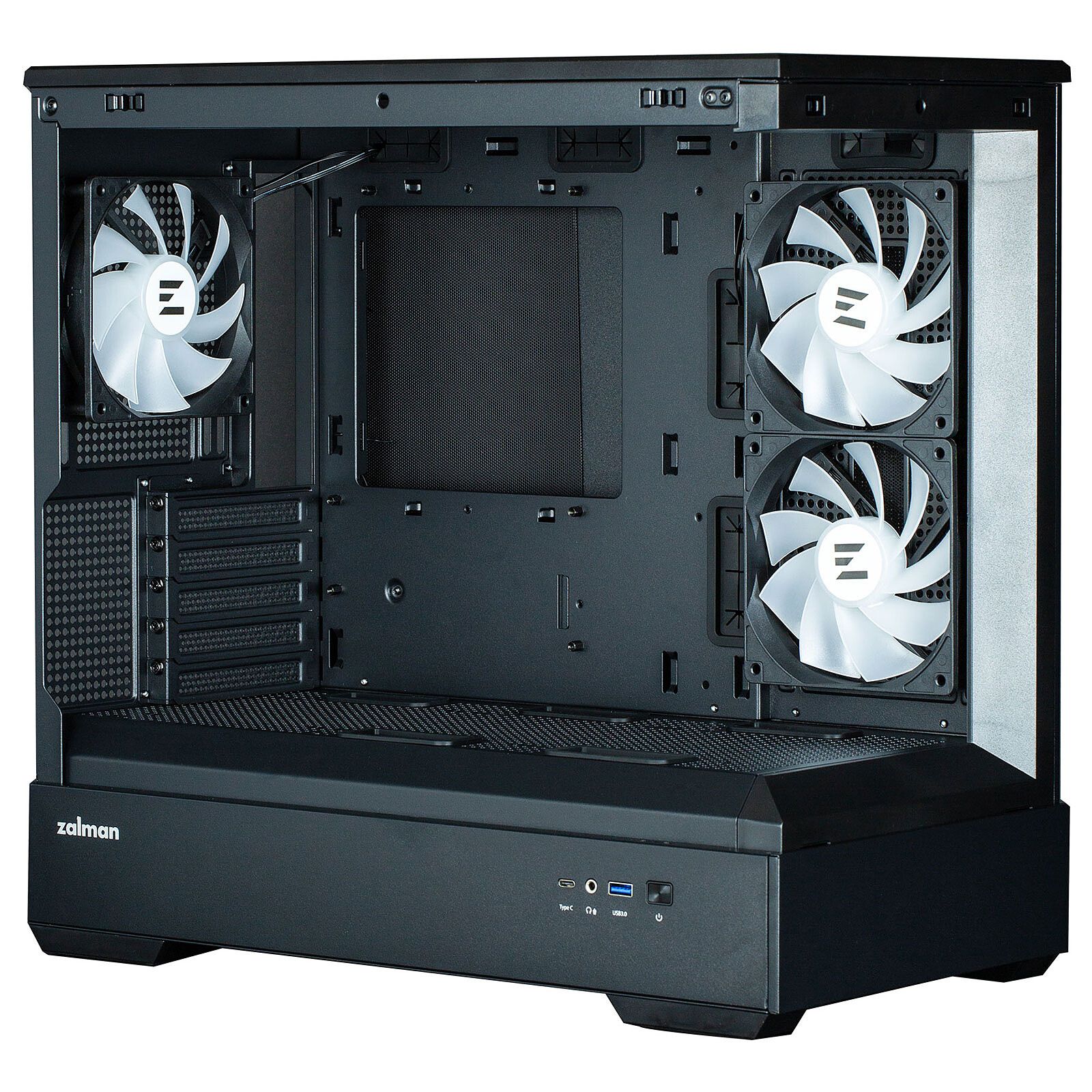 CARCASA Zalman  P30 v2 , mini tower, gaming, fara sursa, suporta 9xfan, 3xfan inclus, PSU shroud, USB Type-C x 1, USB 3.1 gen1 x 1, audio+mic, 5 sloturi expansiune, negru,  P30 Black V2  (timbru verde 0.24lei)