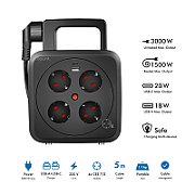 PRELUNGITOR LOGILINK, Schuko x 4, conectare prin Schuko (T), 16 A, 1xUSB-A, 1xUSB-C, comutator oprire termica, cablu 5m tip bobina, protectie IP20, negru,  LPS504  (timbru verde 2 lei)