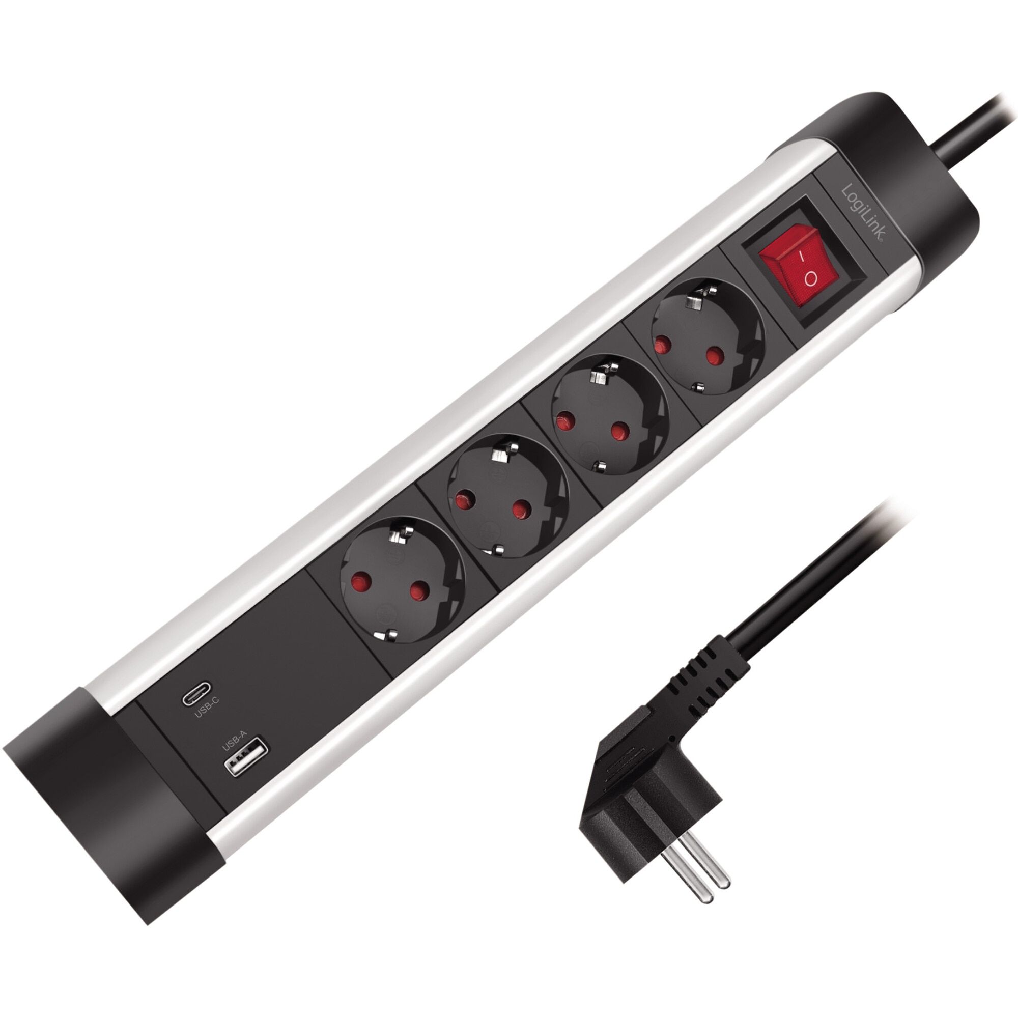 PRELUNGITOR LOGILINK, Schuko x 4, conectare prin Schuko (T), ON/OFF, 16 A, 1xUSB-A, 1xUSB-C, cablu 1.5m, protectie IP20, negru-argintiu,  LPS278U  (timbru verde 0.8 lei)