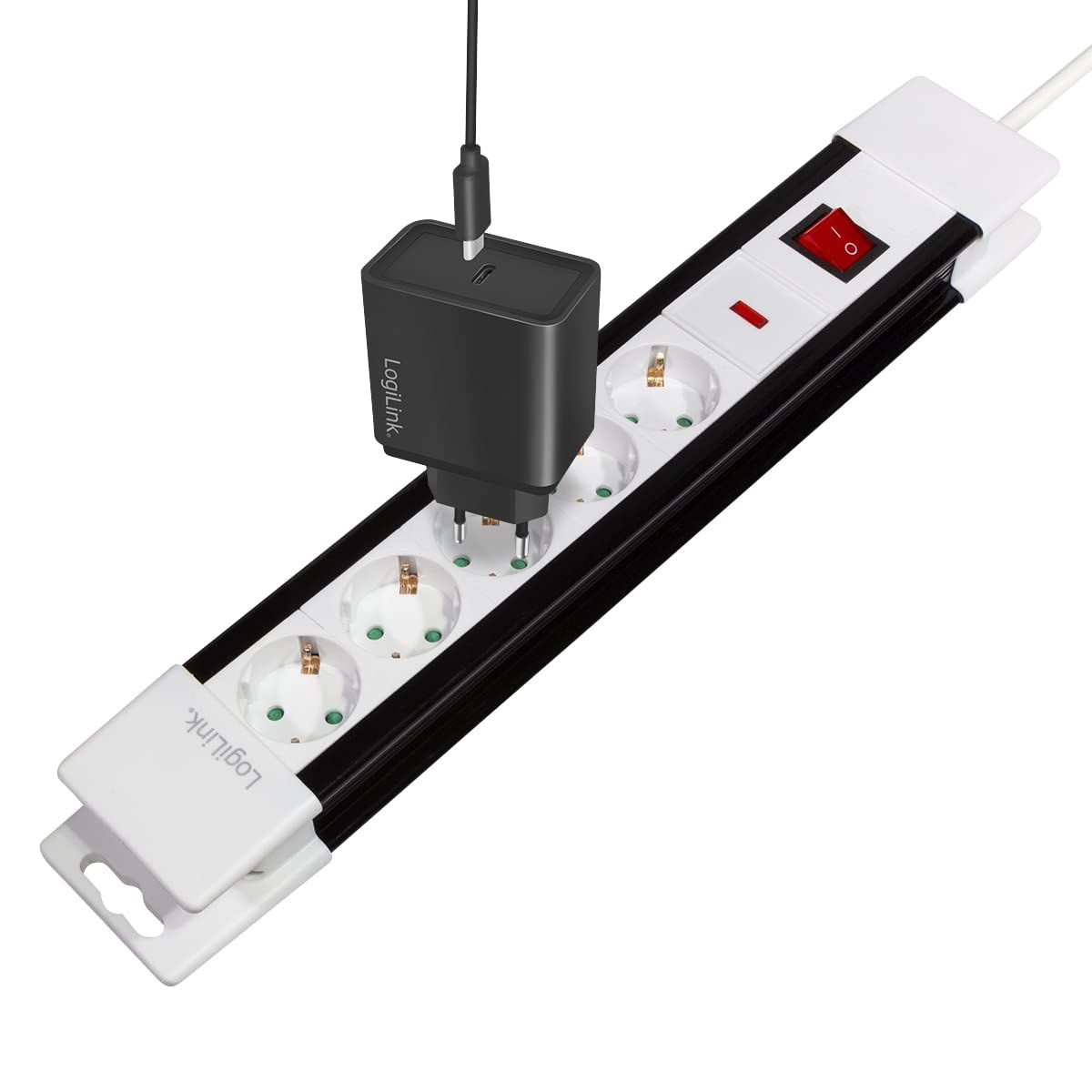 PRELUNGITOR LOGILINK, Schuko x 5, cablu 3G 1.5mm2, 230 V/16 A, 50 Hz, max. 3500 W, buton intrerupator iluminat, IP20, 3m, negru-alb,  LPS211  (timbru verde 0.8 lei)