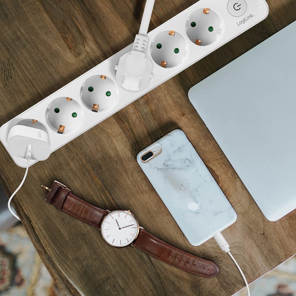 PRELUNGITOR LOGILINK, Schuko x 6, cablu 3G 1.5mm2, 230 V/16 A, 50 Hz, max. 3500 W, buton intrerupator iluminat, IP20, 1.5m, alb,  LPS247  (timbru verde 0.8 lei)