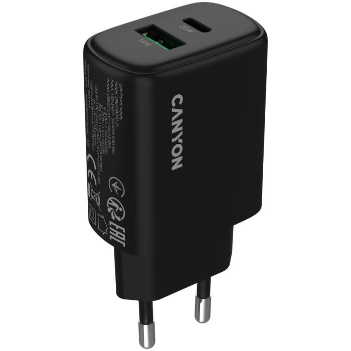 CANYON charger OnCharge 200 20W 1xPD 1xQC EU Black