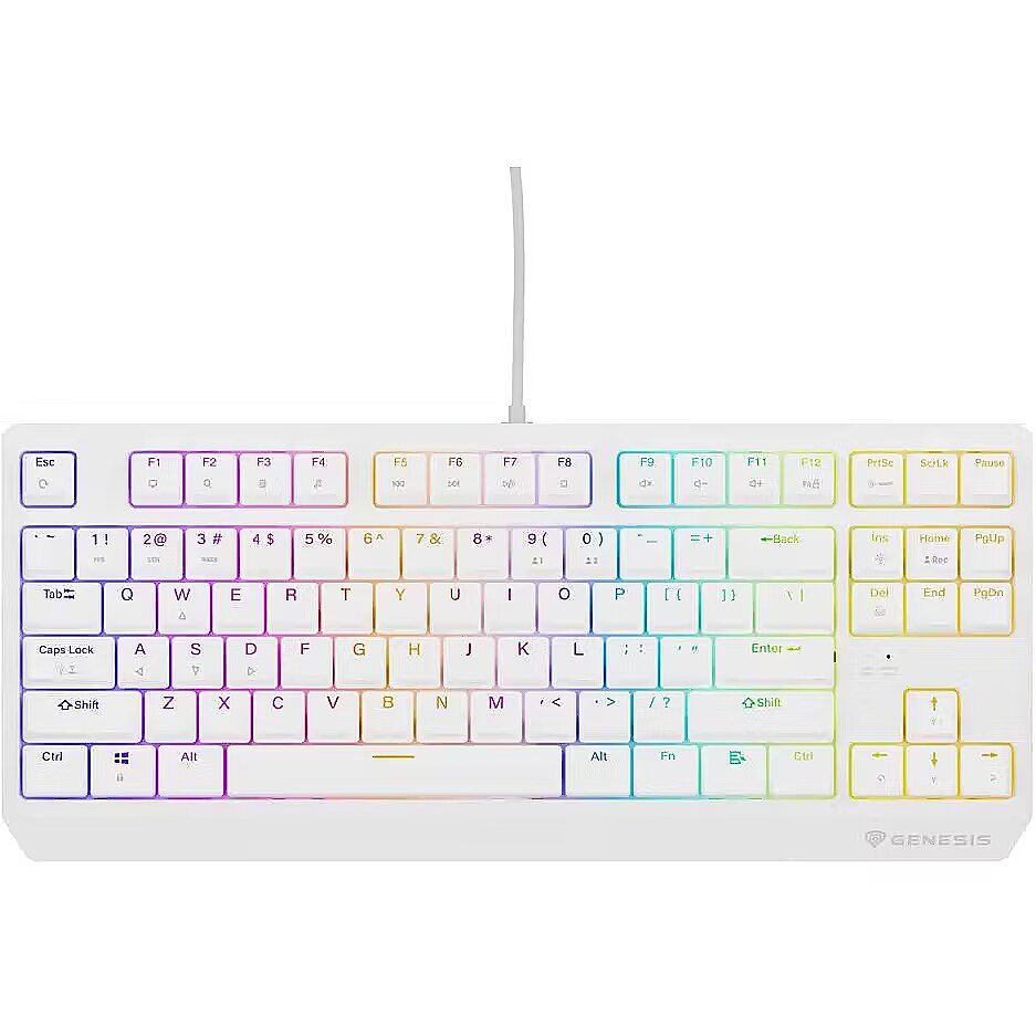 Tastatura gaming mecanica cu fir Genesis Thor 230 TKL, iluminare RGB, switch Linear, switch model Outemu Red, numar taste 87, 11 butoane multimedia, lungime cablu 1.6m, dimensiuni 363 x 155 x 39 mm, alb
