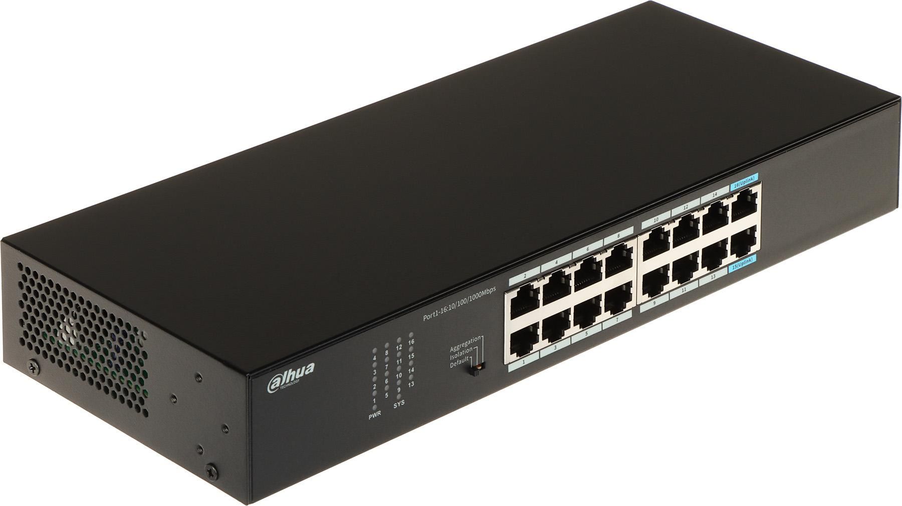 DAHUA Switch Dahua 16 porturi Unmanaged, S3016-16GT, Interfata: 14 x 10/100 Mbps, 2x uplink, Capacitate: 32 Gbps, Packet Forwarding Rate: 23.808 MPPS, Greutate: 740g, Dimensiuni: 294 mm × 119 mm × 44 mm, Material carcasa: metal.
