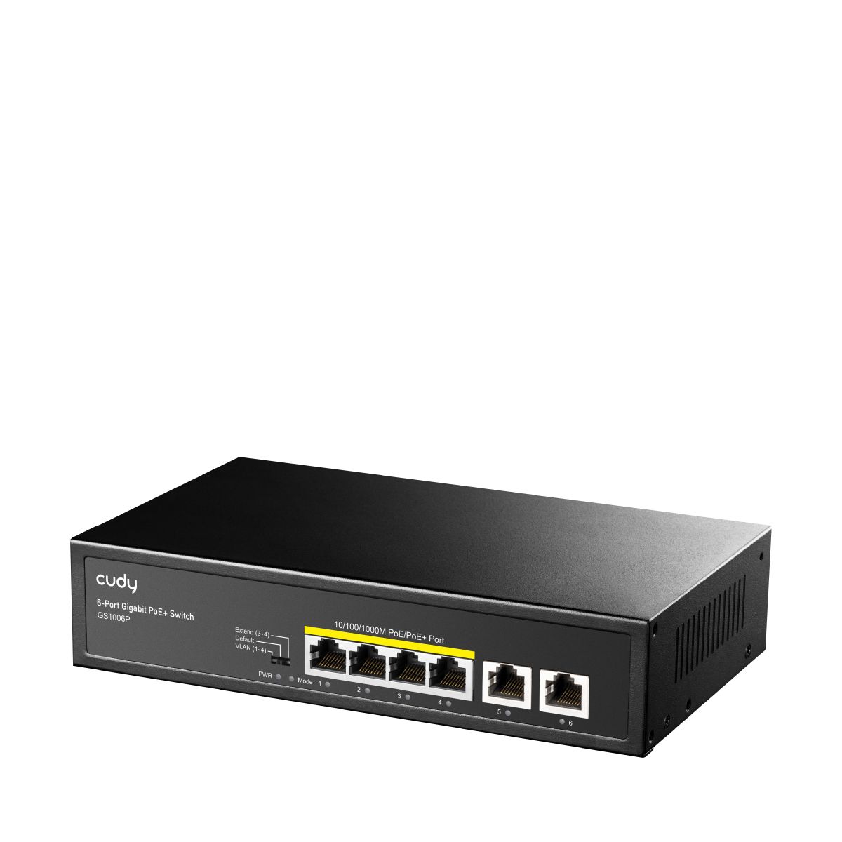 Cudy CUDY 6-Port 10/100/1000M PoE+ Switch, 4-Port 10/100/1000 BASE-T Gigabit PoE+ ports, 2-Port 10/100/1000 BASE-T Gigabit Uplink ports,  802.3at/af, VLAN mode support for port #1 ~ #4, Extend mode support for port #3 ~ # 4, Fanless, ±4KV Surge Protection,Watchdog, 65W internal