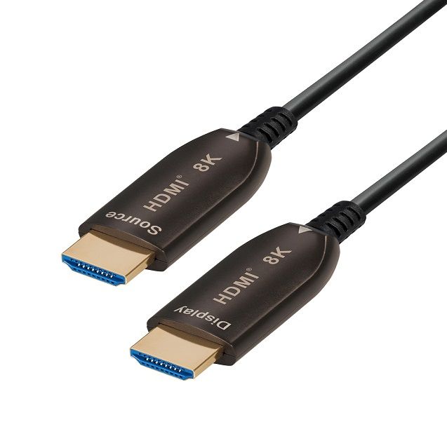 Optical HDMI cable AOC 8K@60Hz 30m, 2.1 high speed, 4K@120Hz, gold plated

The Hybrid HDMI optical cable connects devices over long distances of up to 100 m without data loss

The &ampquotoutput&ampquot of the HDMI connector should be connected to the device (such as HDTV), never to the video source (such as DVD)

The connector labeled &ampquotSource&ampquot connects the DVD or BlueRay.

The connector labeled &ampquotDisplay&ampquot connects the LCD, TV or projector.

- Max resolution 8K @ 60hz, YUV 4:4:4

- Bandwidth: 48 Gbps

- Optical fiber transmission signal, without electromagnetic interference

- Compatible HDCP 2.2, HDR (High Dynamic Range), 3D

- eARC is a function implemented in the latest HDMI 2.1 specification, its biggest advantage being the fact that it greatly improves bandwidth and speed

- Flexible fiberglass for a small bending radius (20 mm)

- Thin outer diameter of the cable of 4.8 mm

- Gold plated connectors

- Supports high-definition resolutions up to 8K 60Hz, also supports 4K 120Hz resolutions.

- CEC (Consumer Electronics Control) support

- 4:4:4 Chroma subsampling supported

- Multi-dimensional audio formats supported (Dolby Atmos and DTS: X, etc.)

- Compatible with HDMI Ethernet Channel (HEC)

- Plug and play: no external power source is required

- 4K support - Allows video resolutions well above 1080p, supporting next-generation displays that will rival the Digital Cinema systems used in many commercial cinemas

- HDMI Cable Length Optical AOC 8K@60Hz: 30m