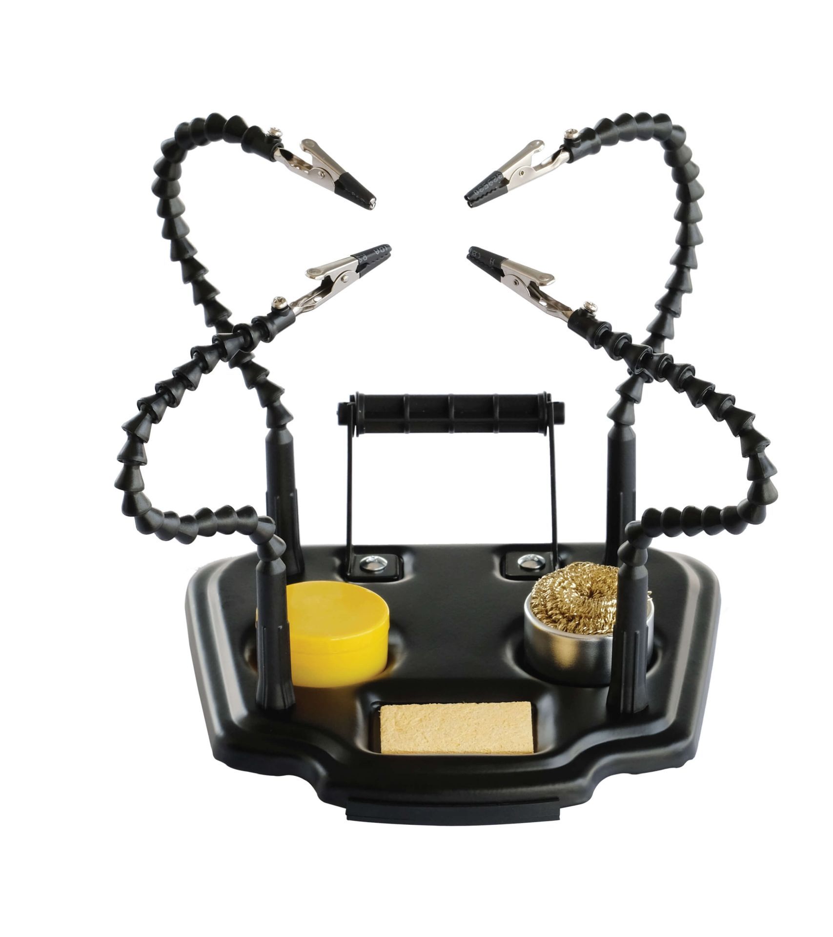 The ZD-11M-1 set is an ideal helper when it comes to working with a soldering iron. With its 4 fully movable arms and rubberized alligator clips, it can reliably hold a wide variety of components in place. The four additional integrated stations for soldering grease, solder, cleaning sponge and soldering tip cleaner offer convenience and prevent constant reaching around. The stand is made of heavy gauge steel and equipped with rubber pads to prevent the helping hand from slipping.

The ZD-11M-1 complies with all EU safety standards.

ZD-11M-1 Helping Hand Set Features


	4 fully articulated arms with rubberized alligator clips
	Cleaning sponge 30 x 50mm
	Soldering grease 15g
	Metal wool soldering tip cleaner
	Roll for hanging solder
	Stand with rubberized non-slip base

Packaging: box 1 pc.
