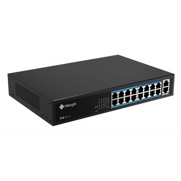 MILESIGHT TECHNOLOGY POE Switch Milesight 16 Porturi POE MS-S0216-GL, Porturi: 16X10/100MbpsPoEports(RJ45) +2X1000Mbps uplink ports, Alimentare: Built- in switching power supply AC 100~240 V, 50-60 Hz, 2.5A Standard POE: IEEE802.3af/at Buget POE: max. 200W, max 30W per port, Temperatura de functionare:-20℃~55℃ IP30