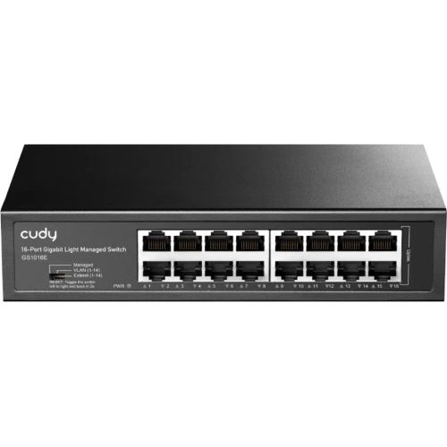 Cudy CUDY 16-Port Gigabit Light Managed Switch, 16 Gigabit RJ45 Ports, Rack- mountable Steel Case(Rack-Mount kits included), Power Saving, Plug & Play, Managed/VLAN/Extend working mode  DIP switch, Local management via WEB GUI, support STP/RSTP, 802.1Q/Port Based/Voice VLAN, Static Link Aggregation