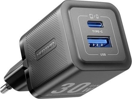 INCARCATOR retea Vention 30W, 1 x USB Type-C, 1 x USB, 5V/3A, PD 3.0, QC 3.0, QC 4.0, negru,  FEQB0-EU  (timbru verde 0.18 lei) - 6922794782204