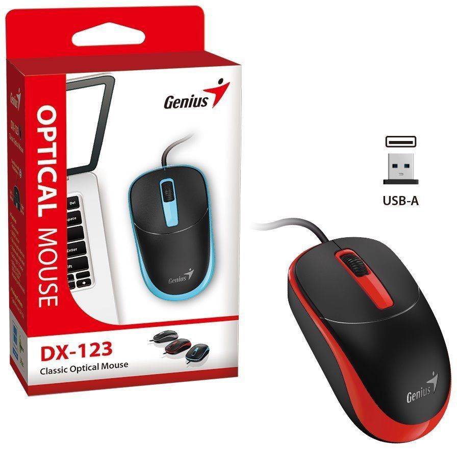MOUSE Genius  DX-123, PC sau NB, cu fir, USB, optic, rosu,  Wired Mouse,  31010033406  (timbru verde 0.18 lei)