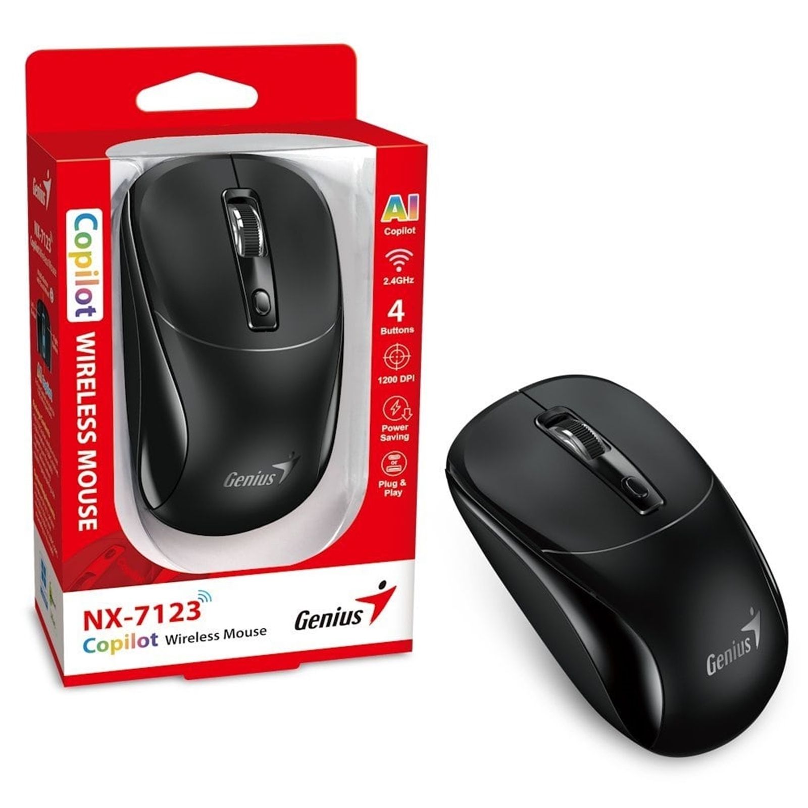 MOUSE Genius  NX-7123, PC sau NB, wireless, 2.4G, BlueEye, 1200 dpi, butoane/scroll 3/1, negru,  31030043400  (timbru verde 0.18 lei)