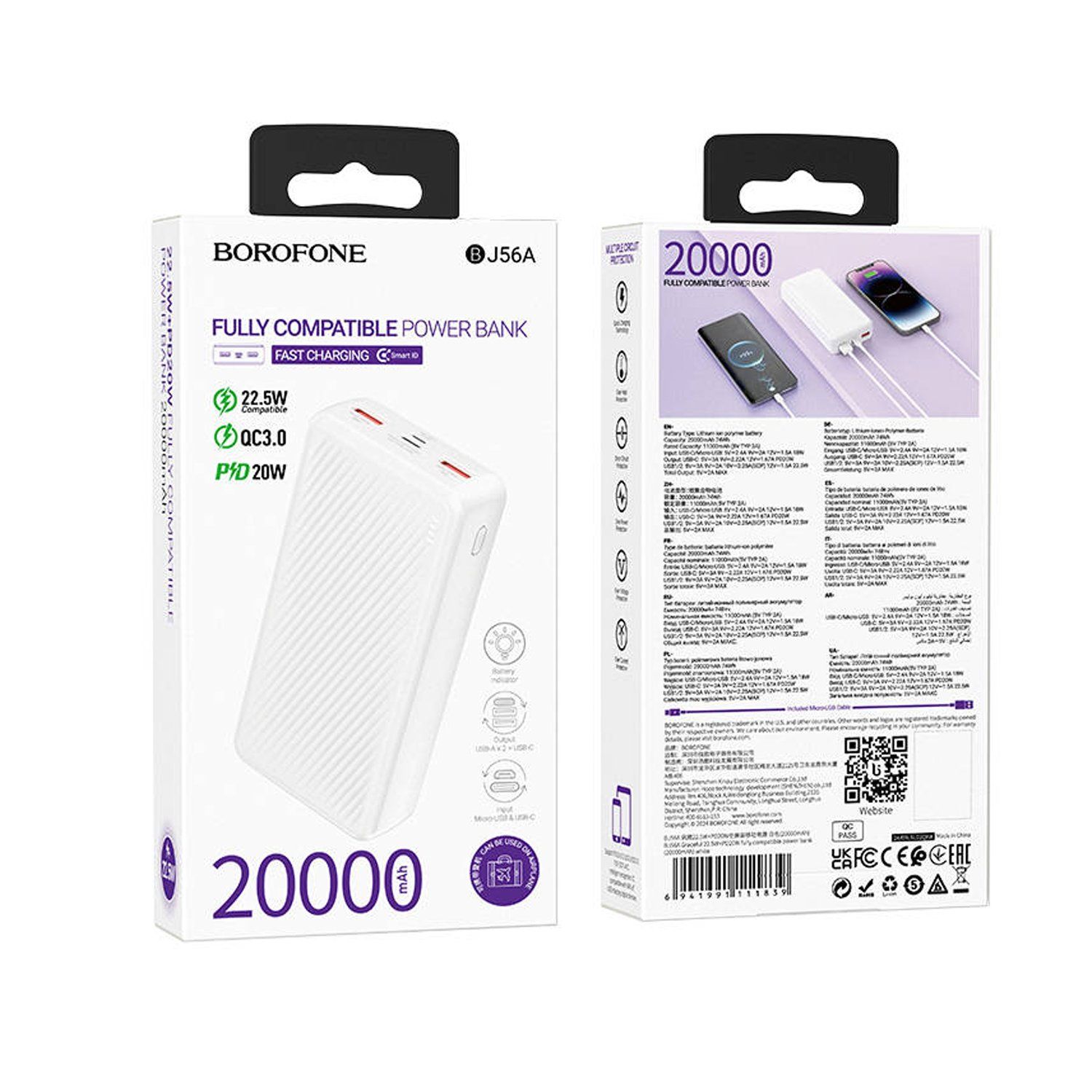 POWER BANK Borofone  BJ56A , 20000mAh, 22.5W, 2 x USB 1 x USB Type-C, 1 x Micro USB, total 2A, alb,  6941991111839  (timbru verde 0.98 lei)