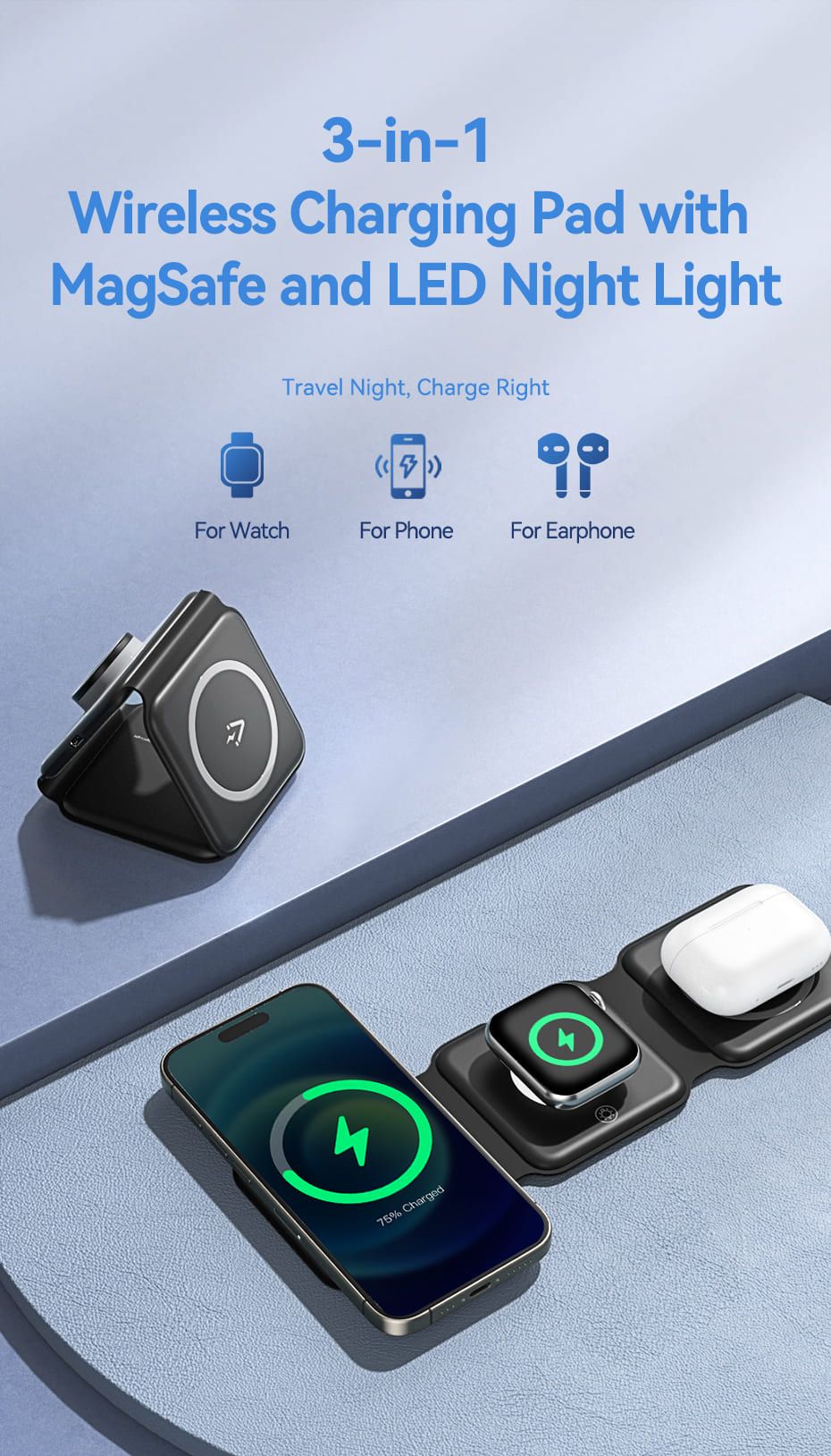 Statie incarcare wireless 3in1  Vention, MagSafe, telefon 15W, ceas 2.5W, casti 5W, fast charge, pliabil, magnetic, lumina LED, 1 x USB-C incarcare, negru,  FGGB0  (timbru verde 0.18 lei) - 6922794783836