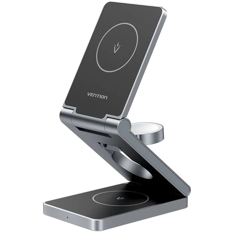 Statie incarcare wireless 3in1  Vention, MagSafe, telefon 15W, ceas 3W, casti 5W, fast charge, pliabil, magnetic, 1 x USB-C incarcare, argintiu,  FGFH0  (timbru verde 0.18 lei) - 6922794783829